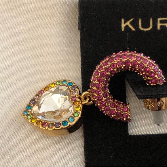 Kurt Geiger Gold Tone Pink Crystal Huggie Hoops With Heart Crystal Charm NWT - Picture 2 of 12
